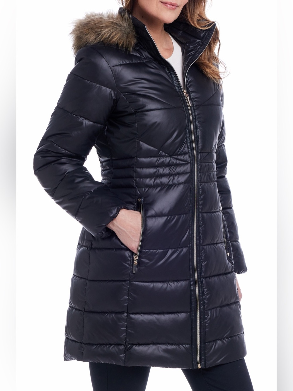 NWT Gallery Black Water Resistant Puffer Coat Faux Fur Hood – Size M